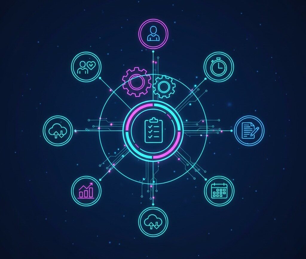 A neon-style graphic shows a central clipboard icon connected to various icons representing project management tasks like calendar, checklist, stopwatch, gears, and team. Text reads: “Asana Integration Specialists | Project Management Automation”.