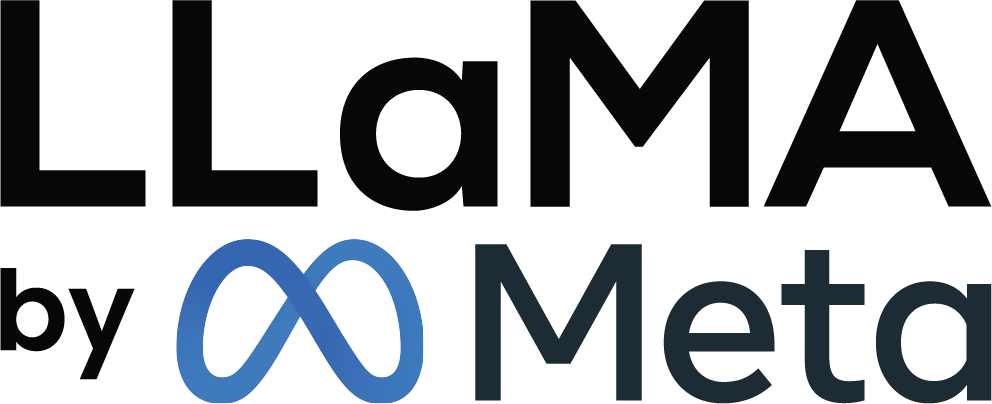 Logo with the text "LLama by Meta." The Meta name includes the blue infinity symbol logo, representing the company Meta. The design uses bold black and blue lettering on a white background.