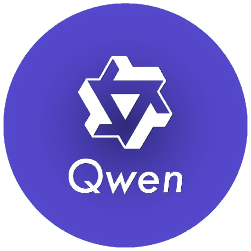 A white geometric star-like logo above the text "Qwen" on a solid purple circular background.