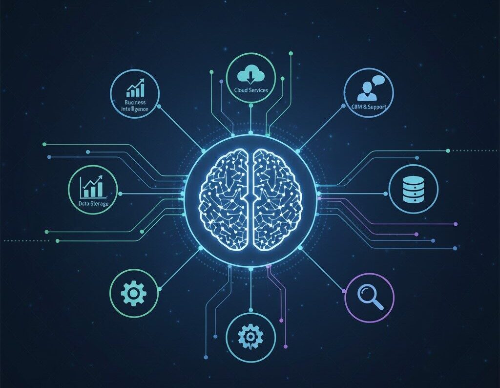 A glowing brain graphic is centred, with circuit lines connecting to icons representing concepts such as business intelligence, data storage, cloud services, CRM, settings, and analytics, on a dark digital background.