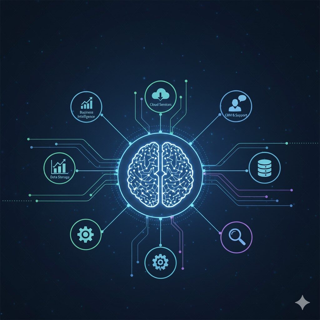 A glowing brain graphic is centred, with circuit lines connecting to icons representing concepts such as business intelligence, data storage, cloud services, CRM, settings, and analytics, on a dark digital background.