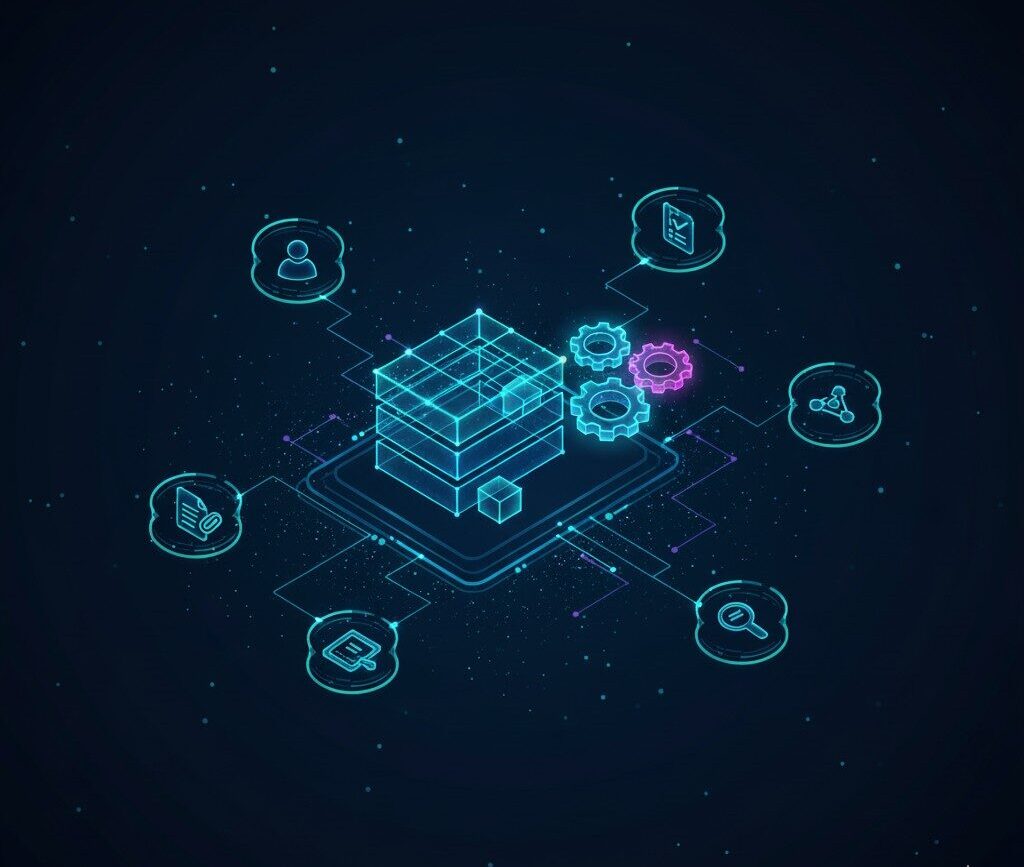 A digital illustration shows a glowing cube at the centre, connected by lines to six icons representing user, smartphone, gears, magnifier, book, and document, symbolising integrated technology or digital systems.