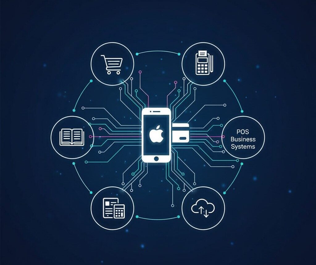 A smartphone at the centre connects to six icons: shopping trolley, POS terminal, open book, POS business systems, financial data, and cloud, representing various business solutions linked through technology.
