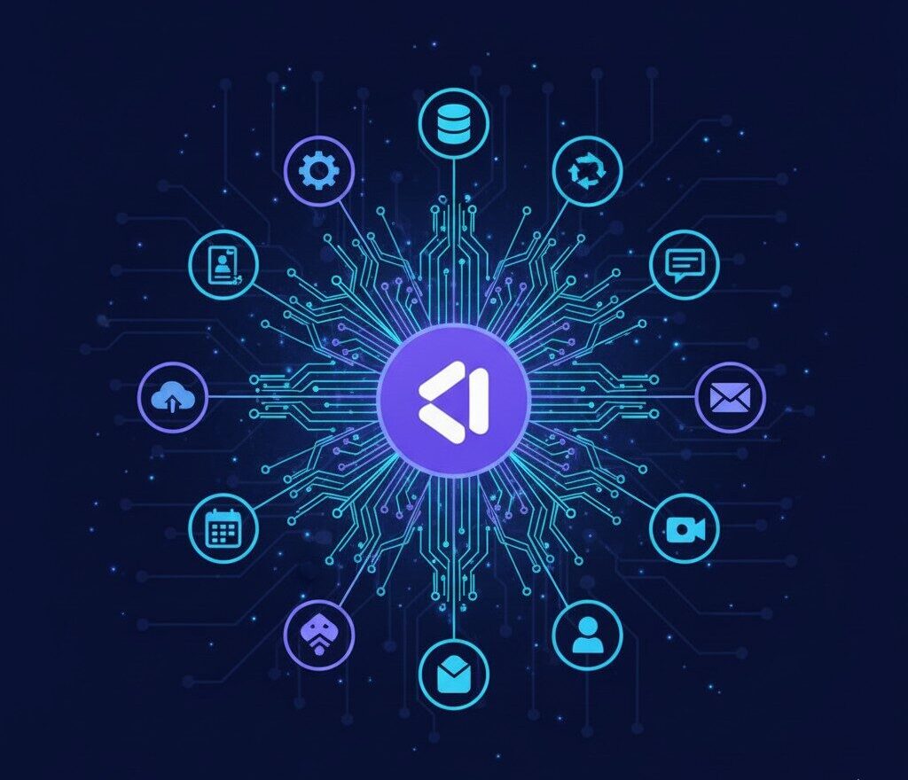 A glowing central icon with circuitry lines radiates outward, connecting to various blue technology and communication icons on a dark background, symbolising digital connectivity and integration.