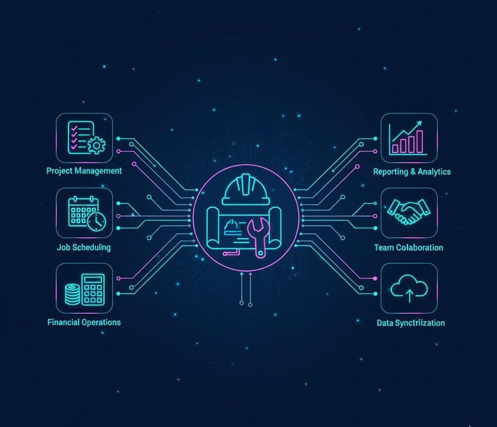 A central icon of a hard hat, spanner, and clipboard is connected to six labelled icons: Project Management, Job Scheduling, Financial Operations, Reporting & Analytics, Team Collaboration, and Data Synchronisation.