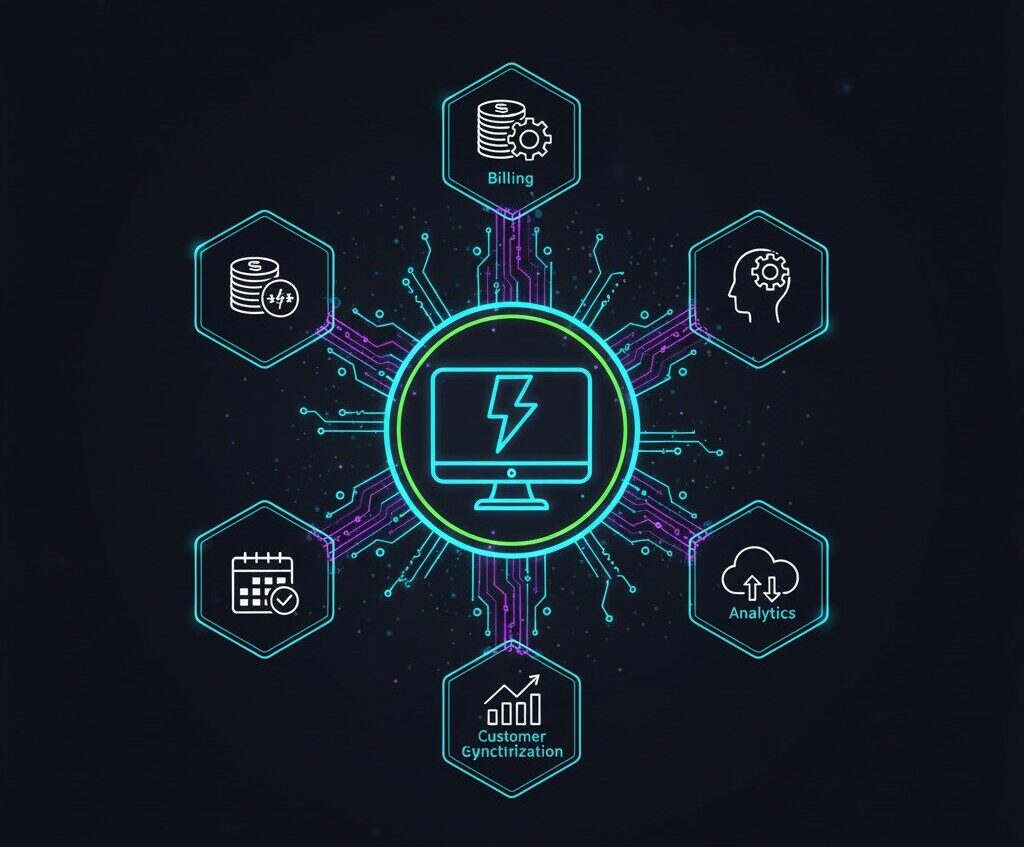 A glowing computer monitor icon is centred, surrounded by hexagon icons representing billing, analytics, databases, calendar, customer synchronisation, and a human head, connected by circuit-like lines on a dark background.