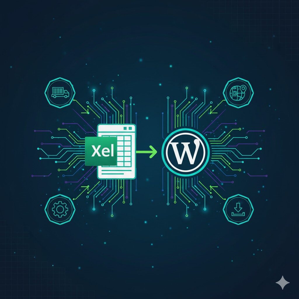 Illustration showing a Microsoft Excel spreadsheet icon connected with an arrow to a WordPress logo, surrounded by tech and digital icons, symbolising data integration between Excel and WordPress.