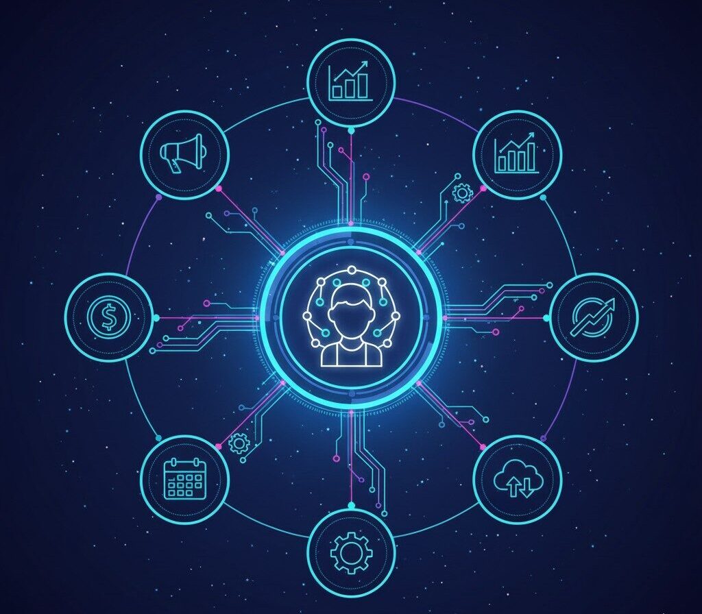 A futuristic digital diagram shows a central headset icon surrounded by eight connected icons representing data, growth, analytics, marketing, finance, calendar, cloud, and settings on a starry dark background.