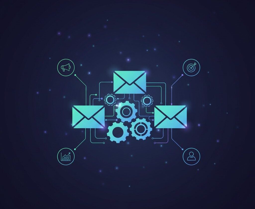 Digital illustration showing four envelope icons connected to gears, symbolising automated email processes. Additional icons for analytics, target, user, and marketing surround the envelopes on a dark background.