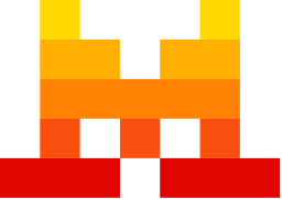 A pixel art image of the letter "M" made with yellow, orange, and red blocks, arranged in a blocky, symmetrical pattern on a white background.