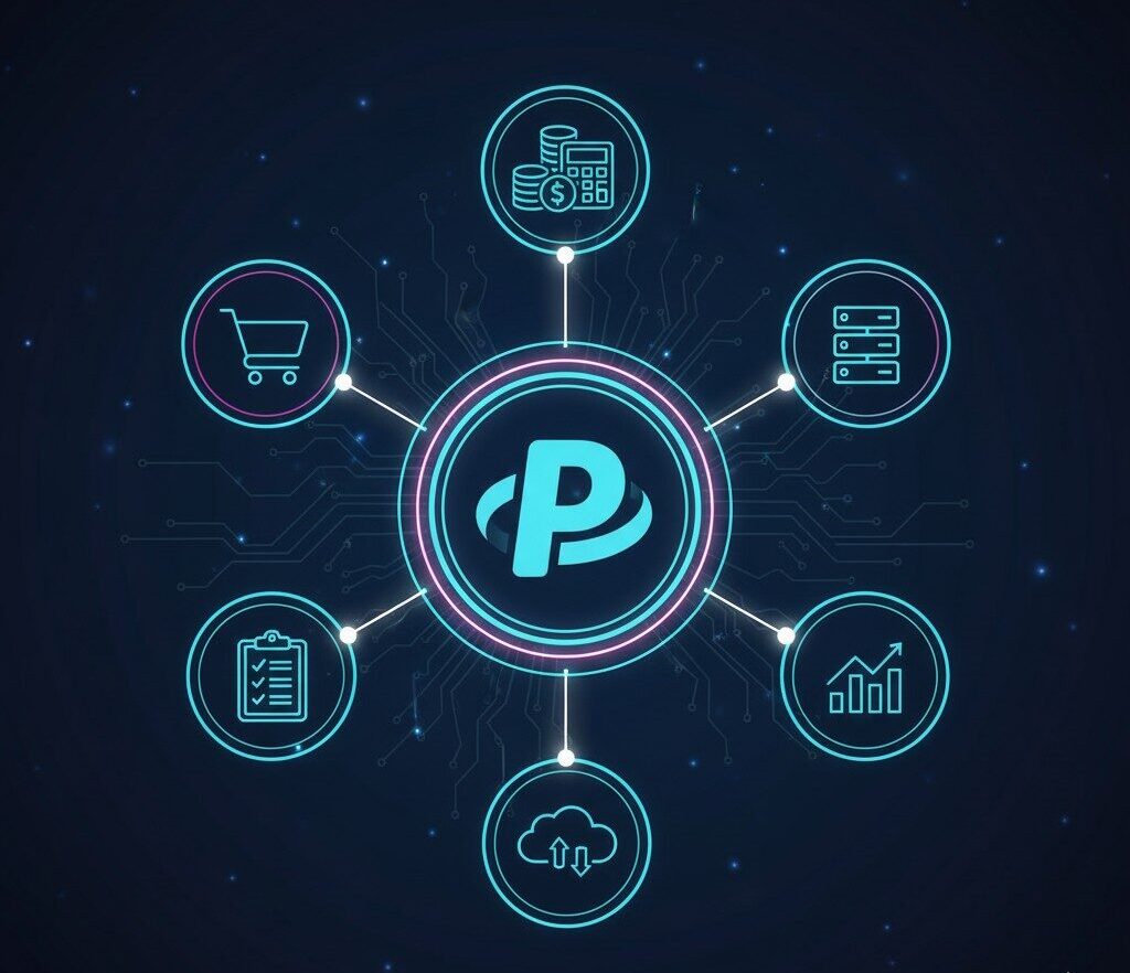 A digital illustration shows a central "P" logo connected to six icons: a calculator, shopping trolley, database, graph, cloud, and checklist, all on a dark circular network background, representing interconnected financial systems.