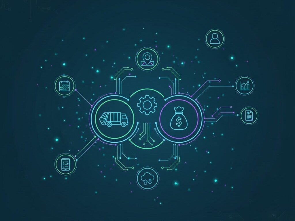 Digital illustration showing interconnected icons representing a rubbish lorry, money bag, gears, people, and business charts, symbolising integration in rubbish collection and waste management.